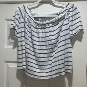 Generation Love White & Navy Striped Off-Shoulder Crop Top